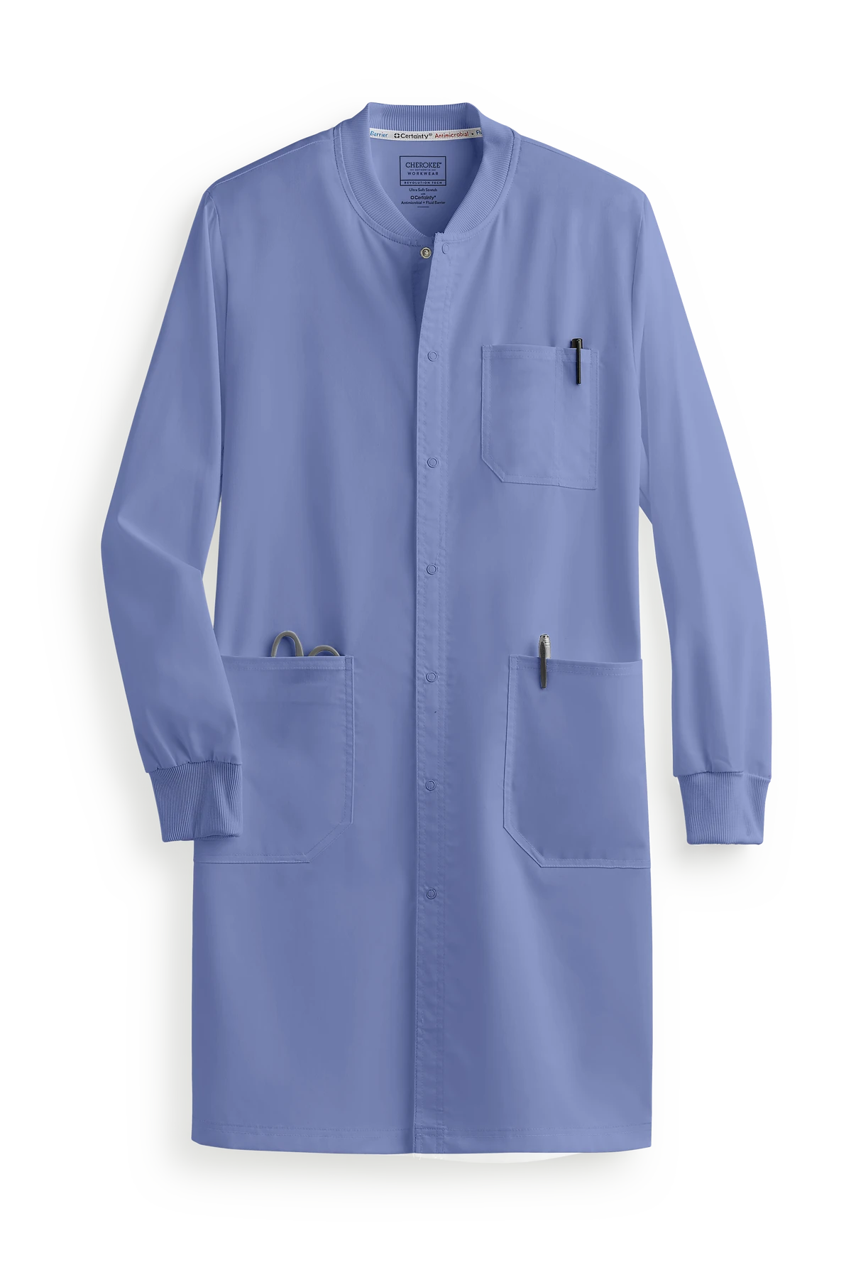 Cherokee Workwear Revolution Tech Unisex 3-Pocket STRETCH Snap Front Lab Coat 1 Cherokee Workwear Revolution Tech Unisex 3-Pocket STRETCH Snap Front Lab Coat