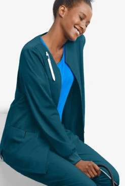 UA Exclusive Cherokee Workwear Professionals Active Women's 4-Pocket STRETCH Zip Front Scrub Jacket -Scrubs Wear Shop CK390 CARIB 6