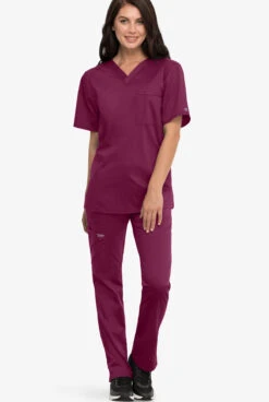 Cherokee Workwear Revolution Unisex 1-Pocket STRETCH V-Neck Scrub Top -Scrubs Wear Shop CK625 WINE 6