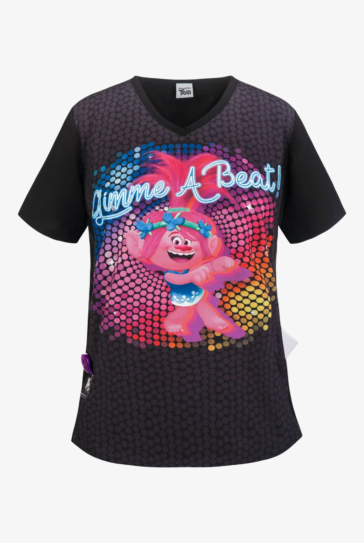 Cherokee Tooniforms Trolls Gimme A Beat Women's 1-Pocket V-Neck Print Scrub Top 1 Cherokee Tooniforms Trolls Gimme A Beat Women's 1-Pocket V-Neck Print Scrub Top