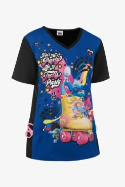 Cherokee Tooniforms DreamWorks Trolls Party Women's 1-Pocket V-Neck Print Scrub Top -Scrubs Wear Shop CK627TOP 3
