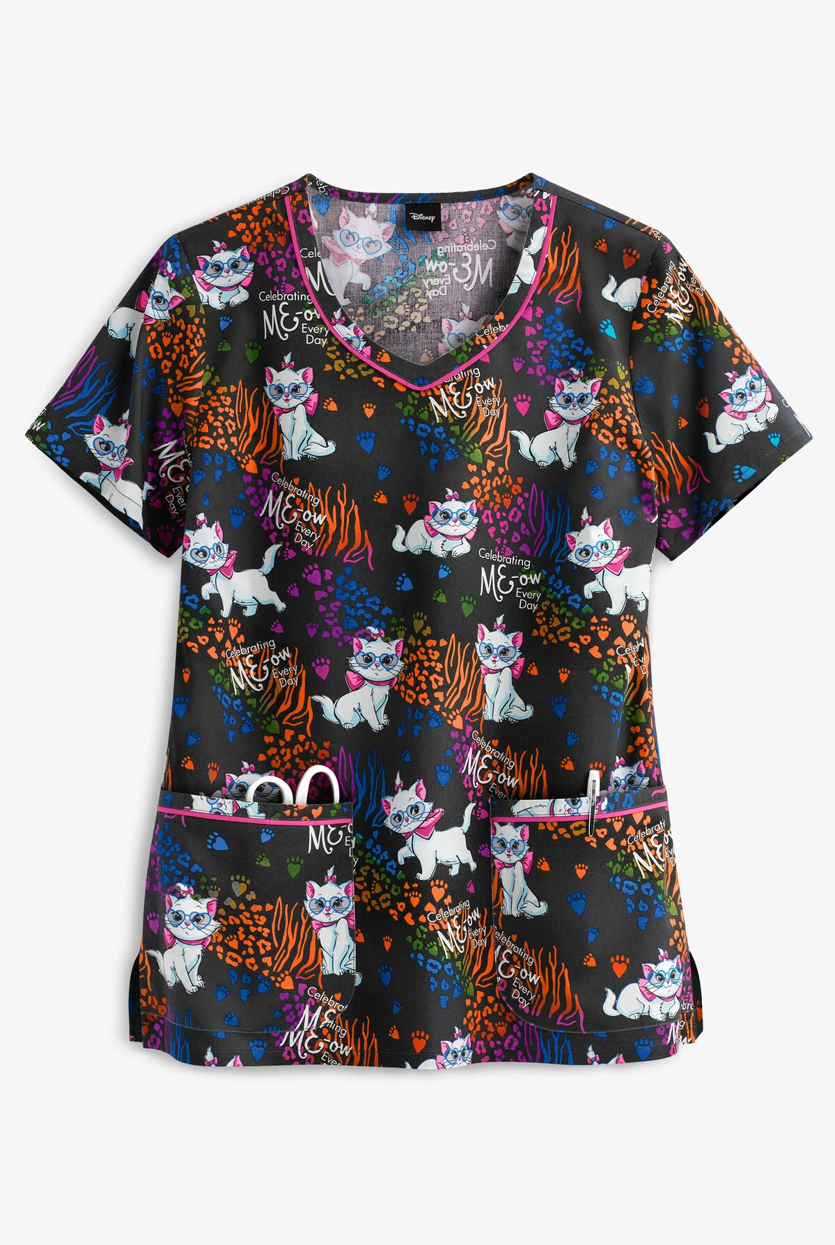 Cherokee Tooniforms Disney Celebrating Meow Women's 2-Pocket V-Neck Print Scrub Top 1 Cherokee Tooniforms Disney Celebrating Meow Women's 2-Pocket V-Neck Print Scrub Top