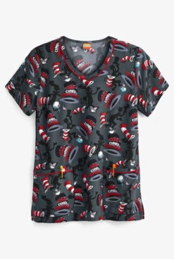 Cherokee Tooniforms Dr. Seuss Here Comes Trouble Women's 2-Pocket V-Neck Print Scrub Top