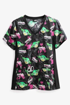 Cherokee Tooniforms Star Wars Yoda One I Want Women's 4-Pocket V-Neck Print Scrub Top