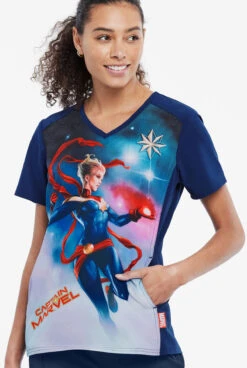 Cherokee Tooniforms Marvel Captain Marvel Women's 1-Pocket V-Neck Print Scrub Top -Scrubs Wear Shop CK637MAR 3 S