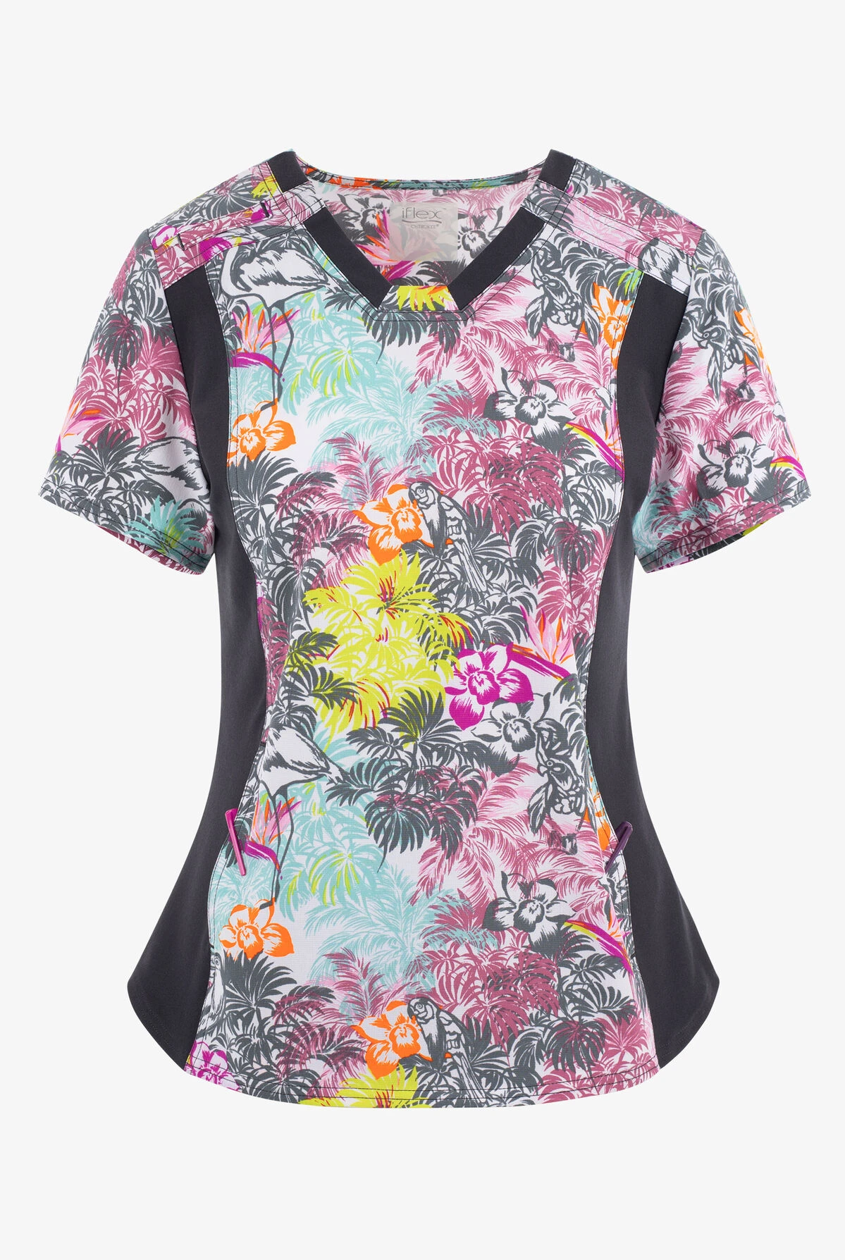 Cherokee Iflex Birds Of Paradise Flamingo Women's 2-Pocket STRETCH V-Neck Print Scrub Top 1 Cherokee Iflex Birds Of Paradise Flamingo Women's 2-Pocket STRETCH V-Neck Print Scrub Top