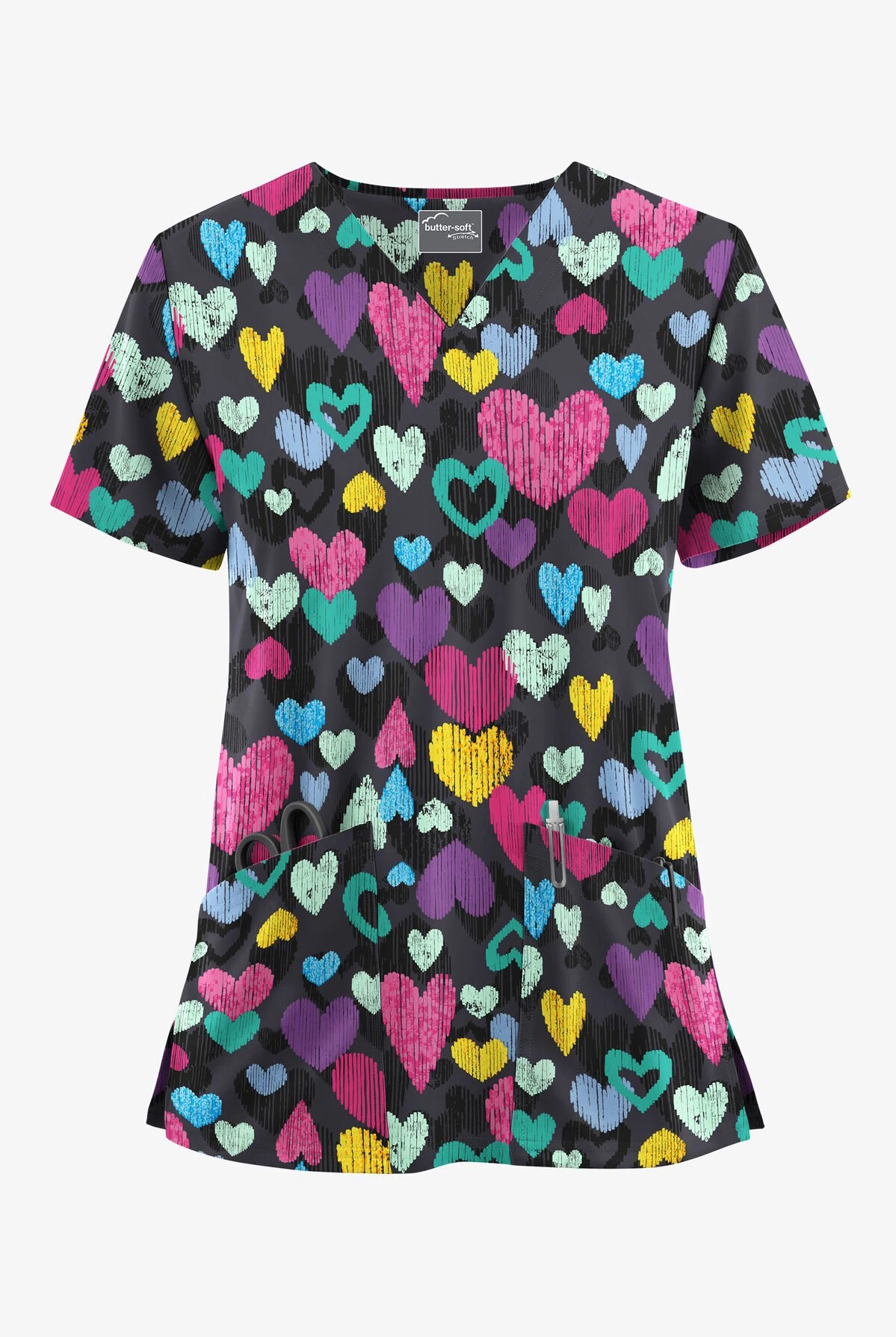 UA Butter-Soft STRETCH Sweet Love Pewter Women's 2-Pocket V-Neck Printed Scrub Top 1 UA Butter-Soft STRETCH Sweet Love Pewter Women's 2-Pocket V-Neck Printed Scrub Top