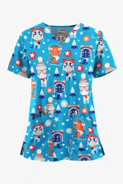 UA Butter-Soft Stretch Christmas Kitties Turquoise Women's 2-Pocket V-Neck Printed Scrub Top