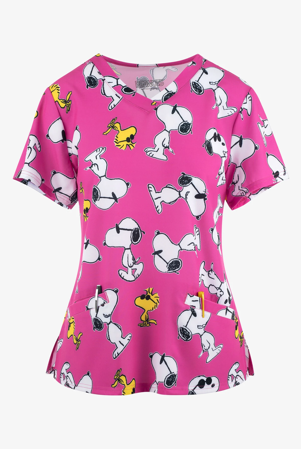 FUNSCRUBS Peanuts Stylish Snoopy Everywhere Women's 2-Pocket STRETCH V-Neck Print Scrub Top 1 FUNSCRUBS Peanuts Stylish Snoopy Everywhere Women's 2-Pocket STRETCH V-Neck Print Scrub Top