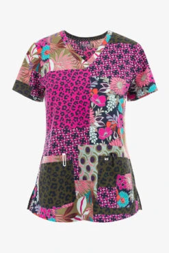 Koi Next Gen Tropical Patch Floral Women's 2-Pocket STRETCH V-Neck Print Scrub Top