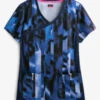 Koi Lite™ STRETCH Watermark Stripe Blues Women's 3-Pocket Mock Wrap Print Scrub Top