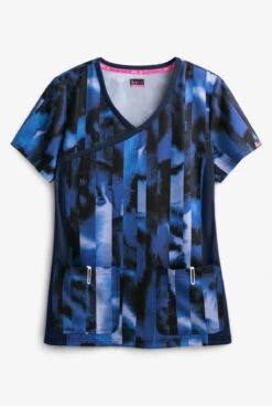 Koi Lite™ STRETCH Watermark Stripe Blues Women's 3-Pocket Mock Wrap Print Scrub Top