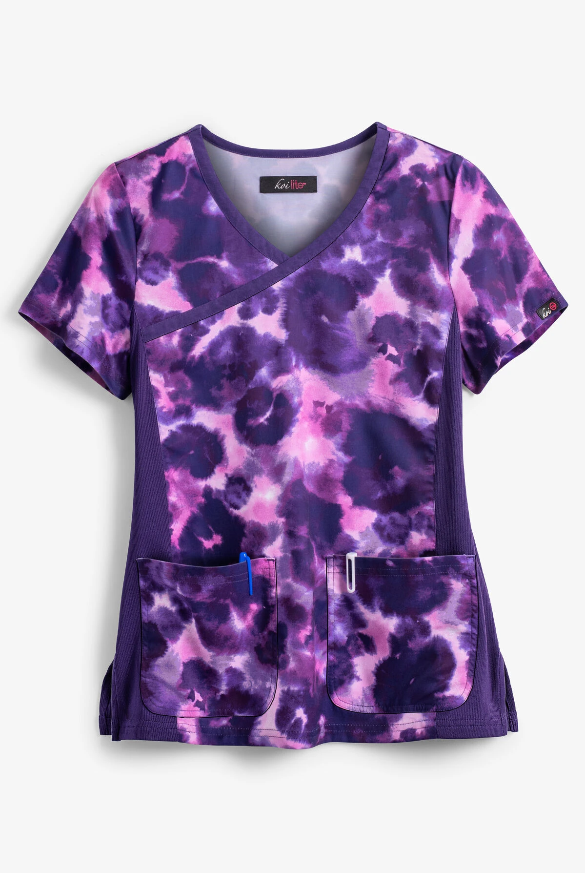 Koi Lite™ Raquel Cheetah Tie Dye Women's 2-Pocket Mock Wrap STRETCH Print Scrub Top 1 Koi Lite™ Raquel Cheetah Tie Dye Women's 2-Pocket Mock Wrap STRETCH Print Scrub Top