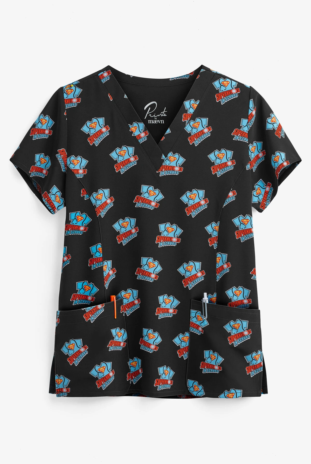 Maevn Superhero Women's 3-Pocket V-Neck Print Scrub Top 1 Maevn Superhero Women's 3-Pocket V-Neck Print Scrub Top