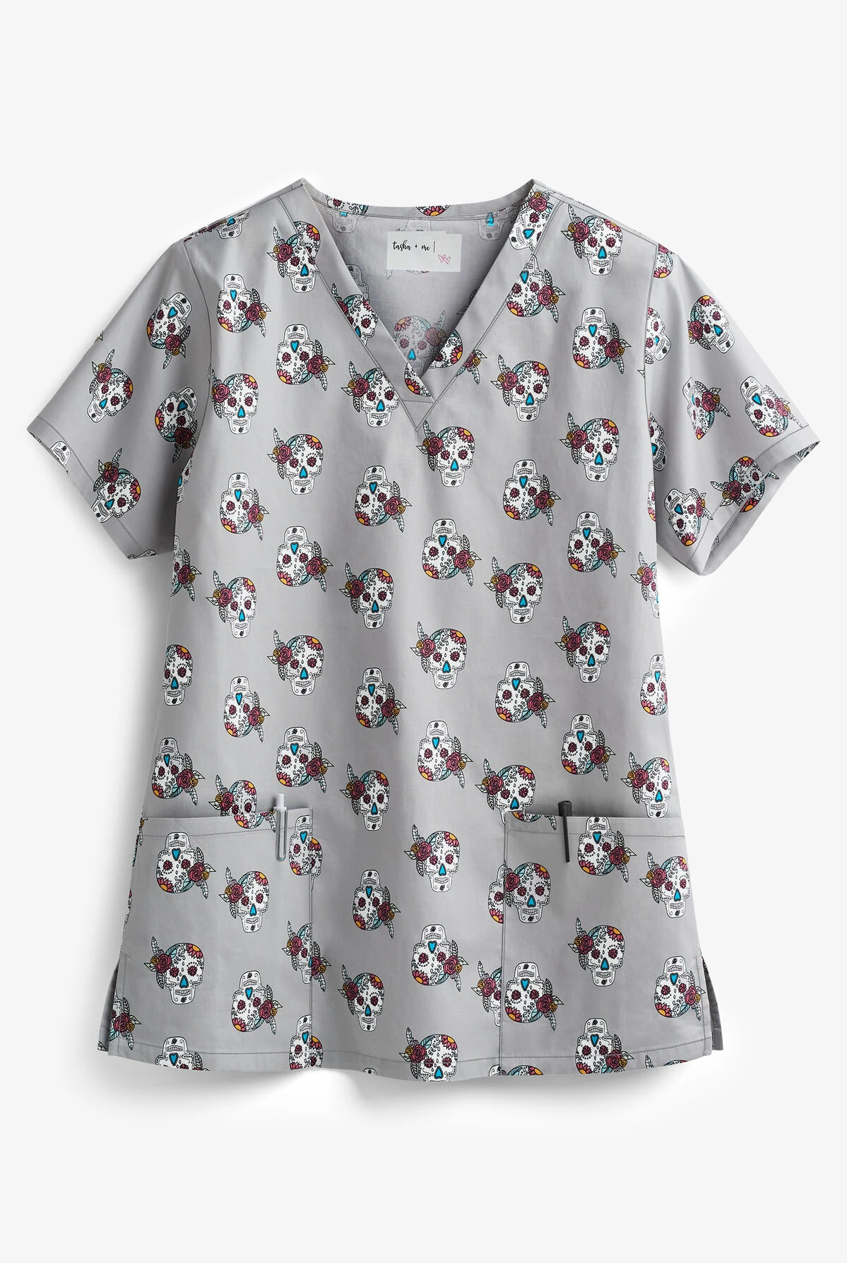 Tasha & Me Sugar Skulls Women's 2-Pocket V-Neck Print Scrub Top 1 Tasha & Me Sugar Skulls Women's 2-Pocket V-Neck Print Scrub Top