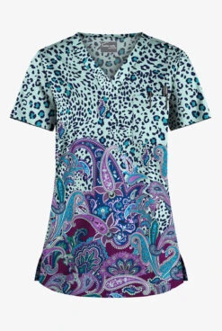 UA Butter-Soft STRETCH Jungle Paisley Sea Frost Women's 1-Pocket V-Neck Tuck-In Printed Scrub Top