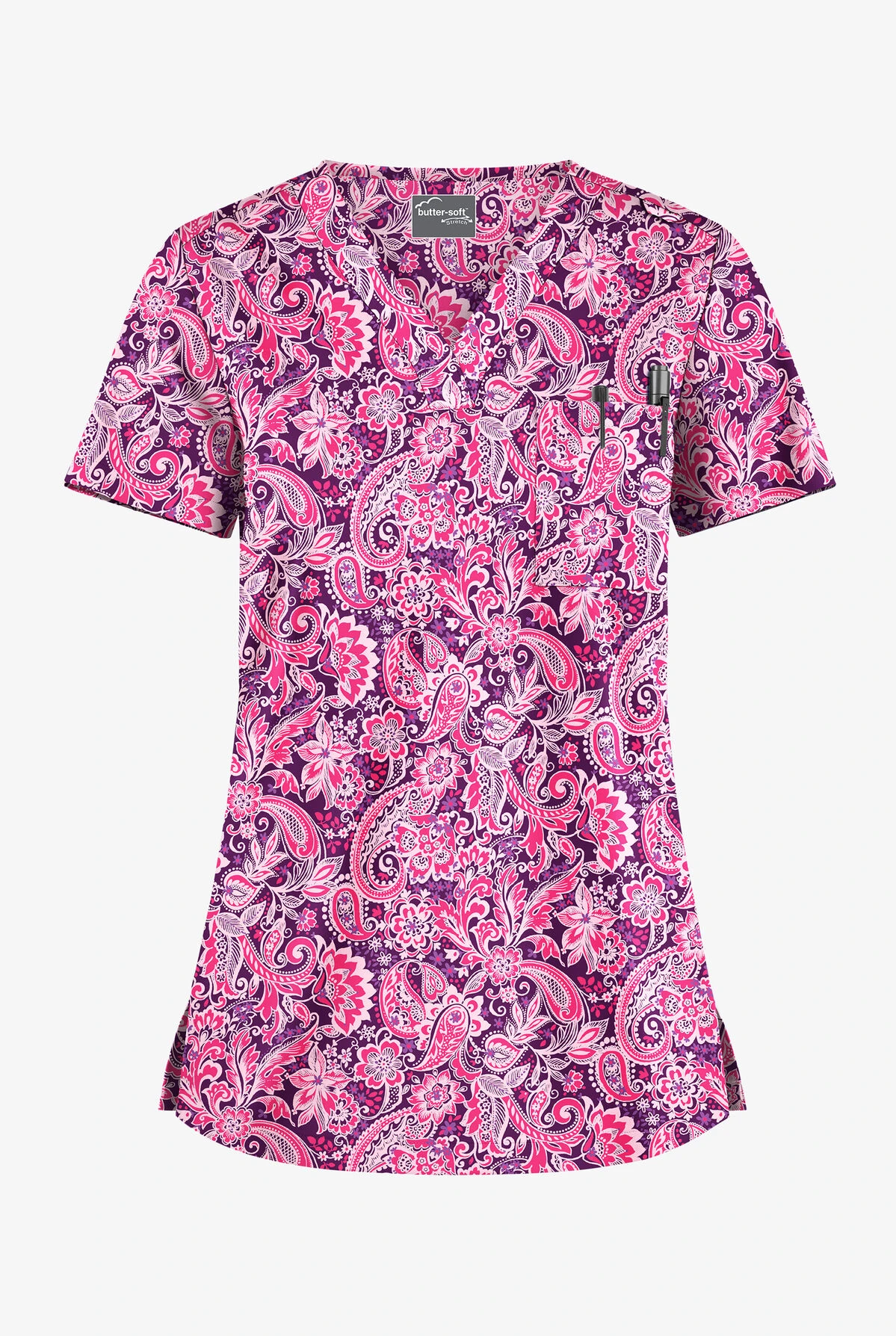 UA Butter-Soft STRETCH Romantic Paisley Eggplant Women's 1-Pocket V-Neck Tuck-In Printed Scrub Top 1 UA Butter-Soft STRETCH Romantic Paisley Eggplant Women's 1-Pocket V-Neck Tuck-In Printed Scrub Top