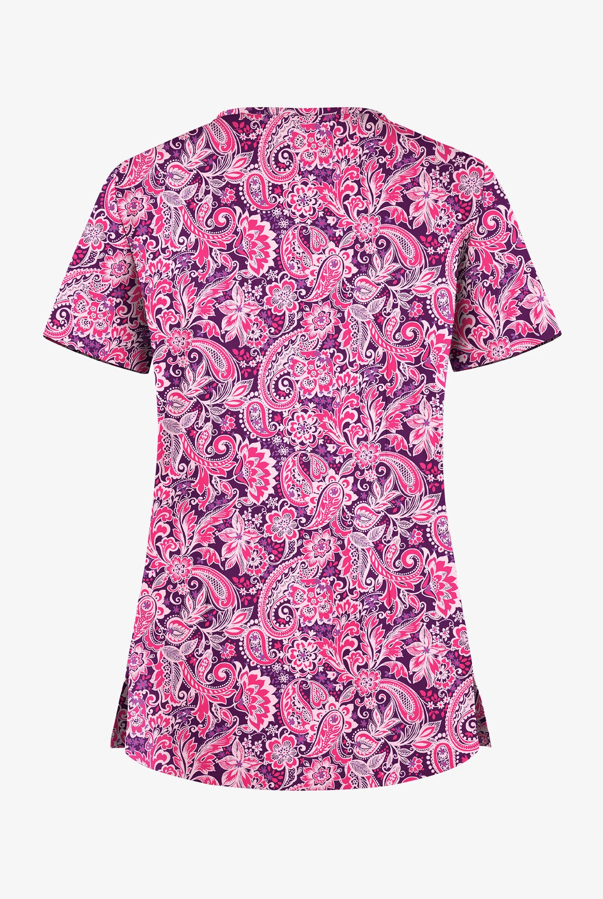 UA Butter-Soft STRETCH Romantic Paisley Eggplant Women's 1-Pocket V-Neck Tuck-In Printed Scrub Top 2 UA Butter-Soft STRETCH Romantic Paisley Eggplant Women's 1-Pocket V-Neck Tuck-In Printed Scrub Top - Image 2
