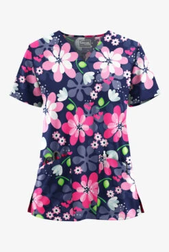 UA Butter-Soft STRETCH Fantasy Flora Navy Women's 2-Pocket V-Neck Printed Scrub Top