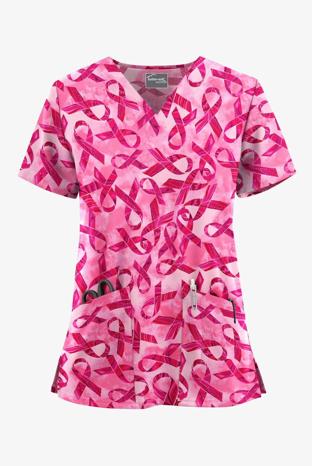 UA Butter-Soft STRETCH Pink Courage Fuchsia Women's 2-Pocket V-Neck Printed Scrub Top 1 UA Butter-Soft STRETCH Pink Courage Fuchsia Women's 2-Pocket V-Neck Printed Scrub Top