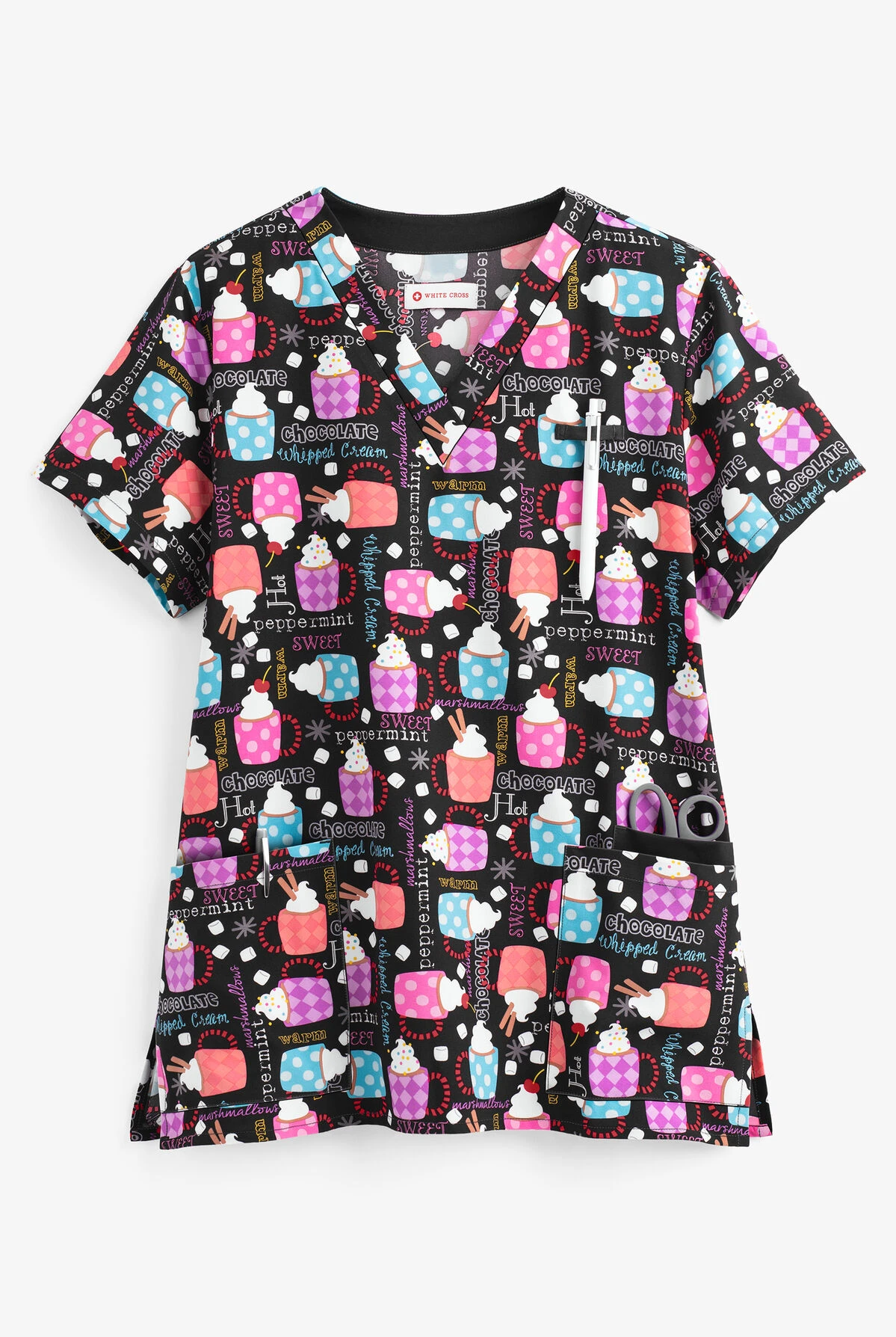 White Cross Sweet Chocolate Women's 3-Pocket V-Neck Print Scrub Top 1 White Cross Sweet Chocolate Women's 3-Pocket V-Neck Print Scrub Top